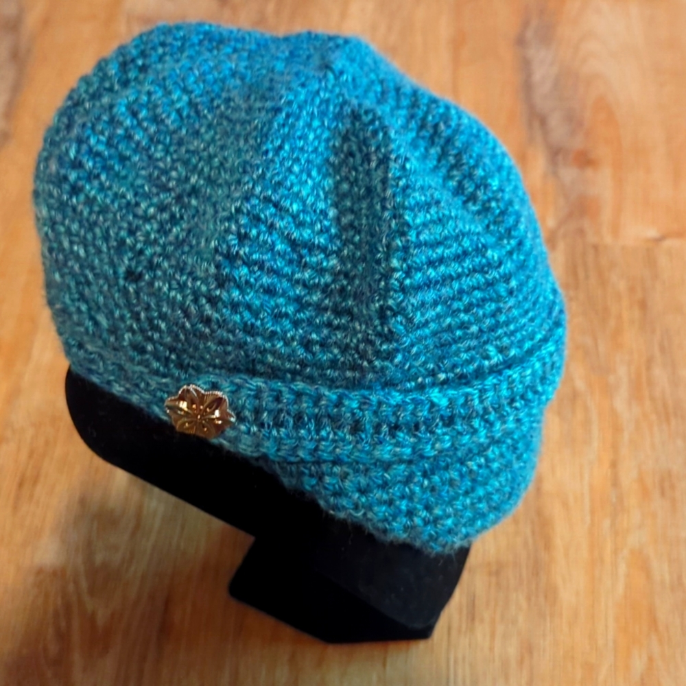Cute Hand Crocheted Hat in Teal with Metal Flowers